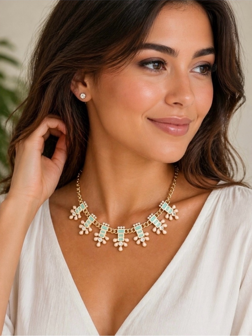 Statement Necklace in Mint and Blush with Rhinestones NEW